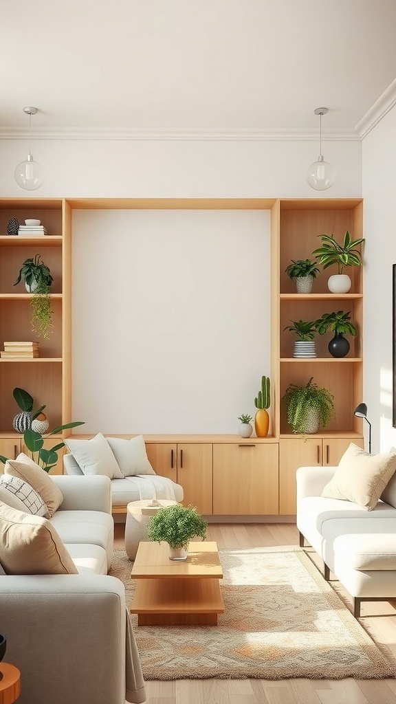 Bright living room with open built-in shelves displaying plants and decor