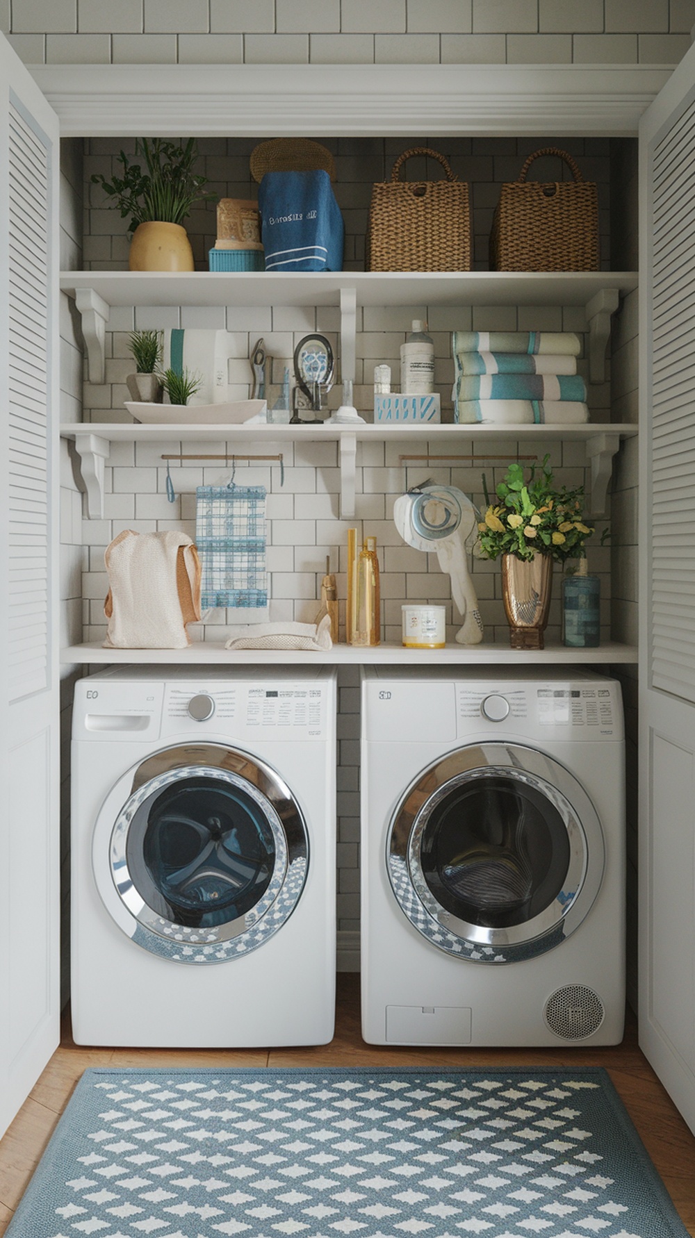 Open shelving in a small laundry room featuring towels, plants, and storage baskets