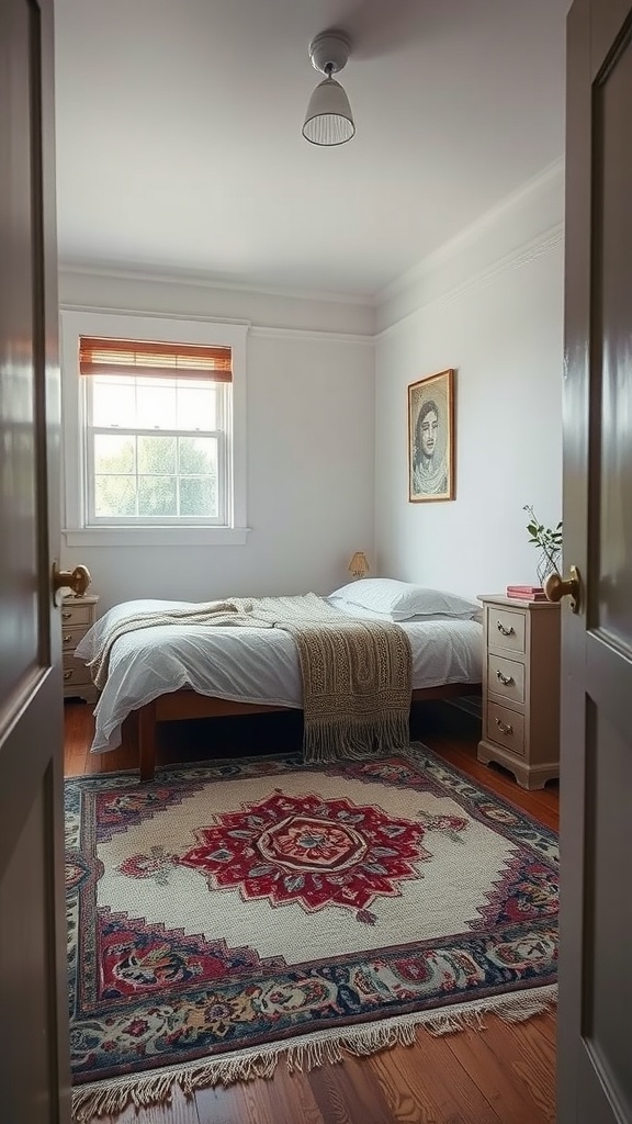 A cozy small bedroom featuring a patterned rug under the bed, with a warm color palette.