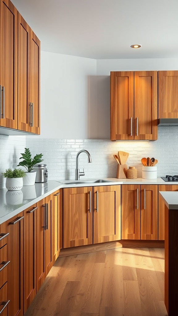 A modern kitchen with two-tone cabinets featuring warm wood tones and a white backsplash.