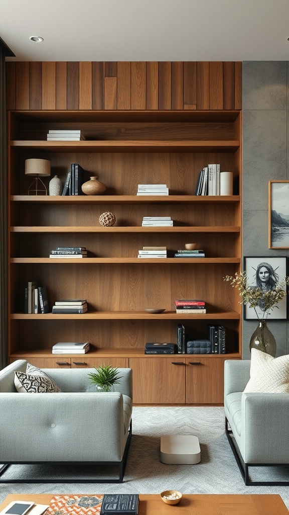 A modern living room with built-in wooden shelves displaying books and decorative items, creating a warm and inviting atmosphere.