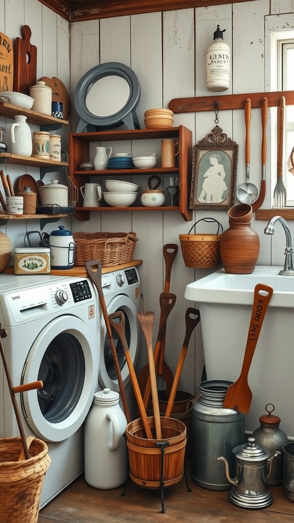 A cozy farmhouse laundry room filled with vintage decor items like wooden paddles, jars, and baskets.