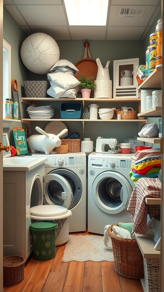 A farmhouse laundry room featuring two washing machines, open shelves filled with storage baskets, and a cozy atmosphere.