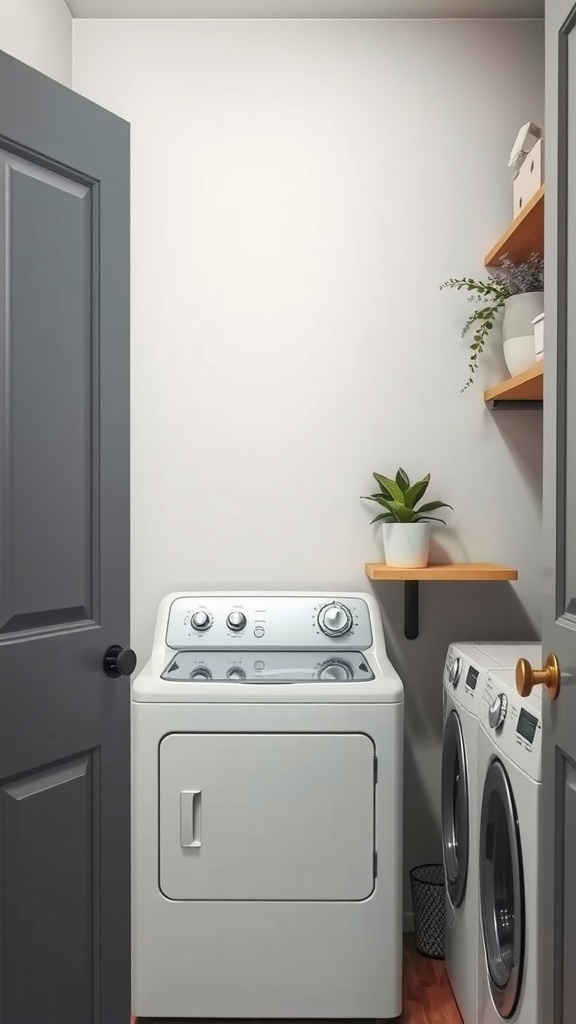 Small laundry room with washer and dryer in a corner and floating shelves above.