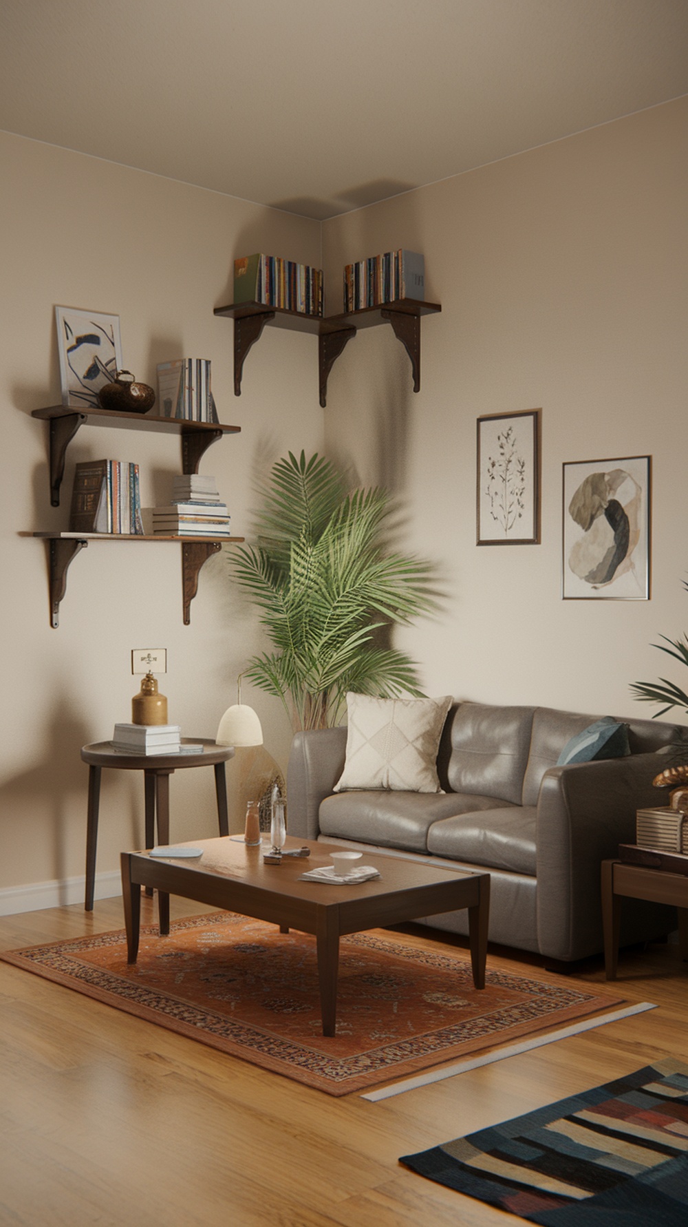 A cozy small apartment living room with corner shelves, a plant, and a modern coffee table.