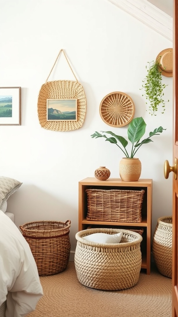 A cozy small bedroom featuring decorative storage baskets made of natural materials, enhancing the interior design.
