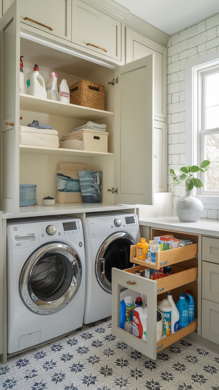 A modern small laundry room showing hidden compartments with organized storage for cleaning supplies.