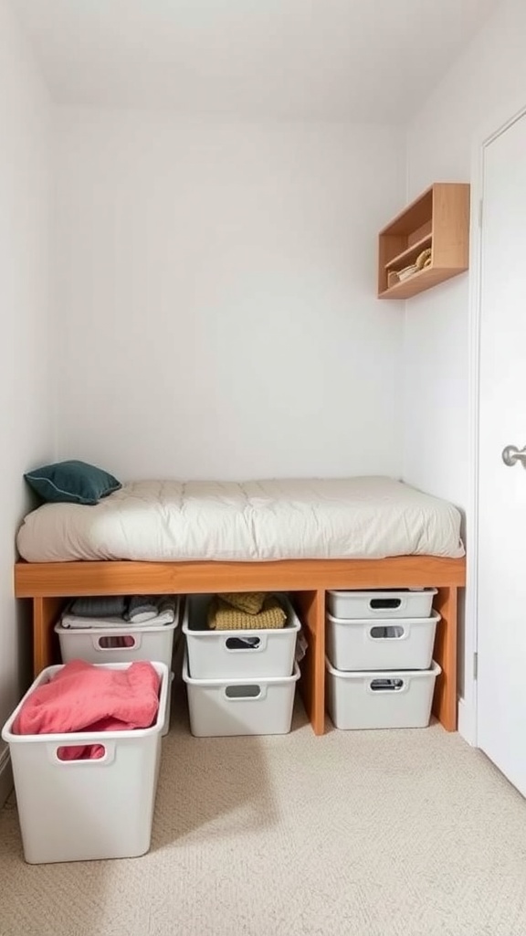 A small bedroom featuring a raised bed with under-bed storage bins and a wall-mounted shelf.
