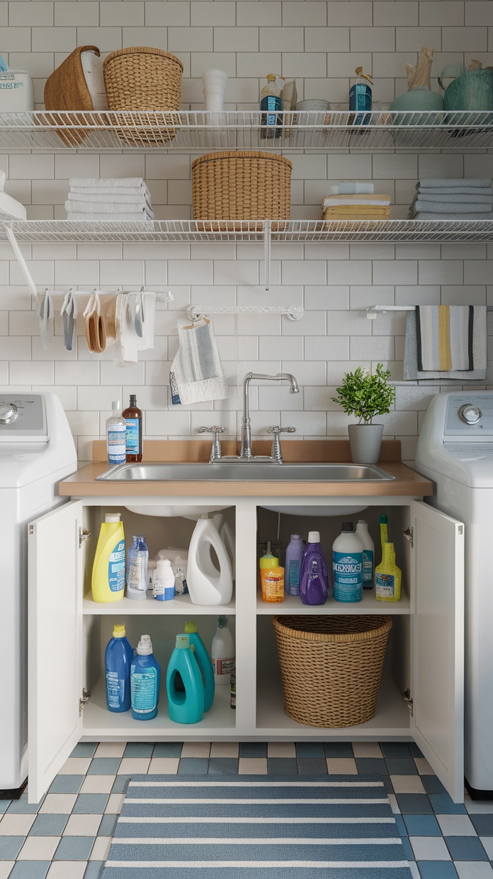 A neatly organized under-sink storage area in a laundry room with cleaning supplies and a plant decor.