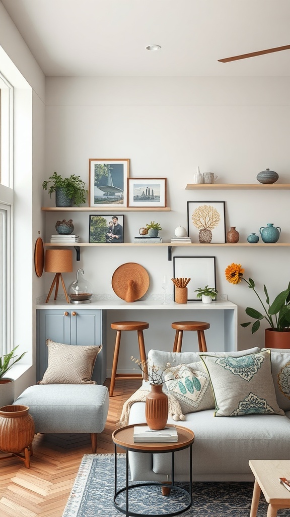 A stylish open kitchen and living room with shelves displaying decor and plants, featuring a comfortable seating area.