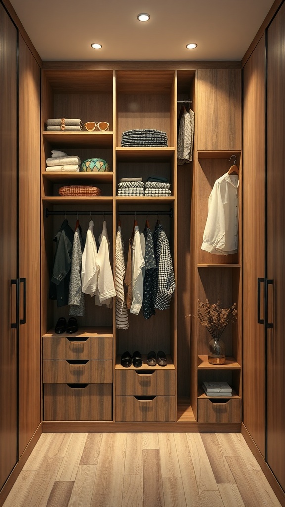Modern wardrobe design utilizing vertical space with shelves and hanging areas.