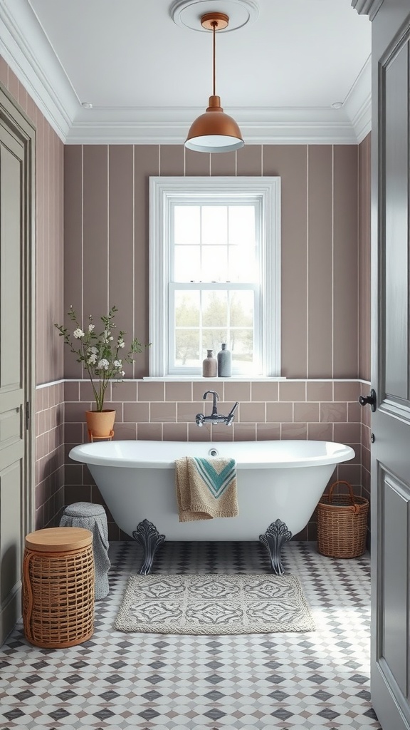 A stylish Scandinavian bathroom featuring a white freestanding bathtub, pastel pink walls, and patterned flooring.