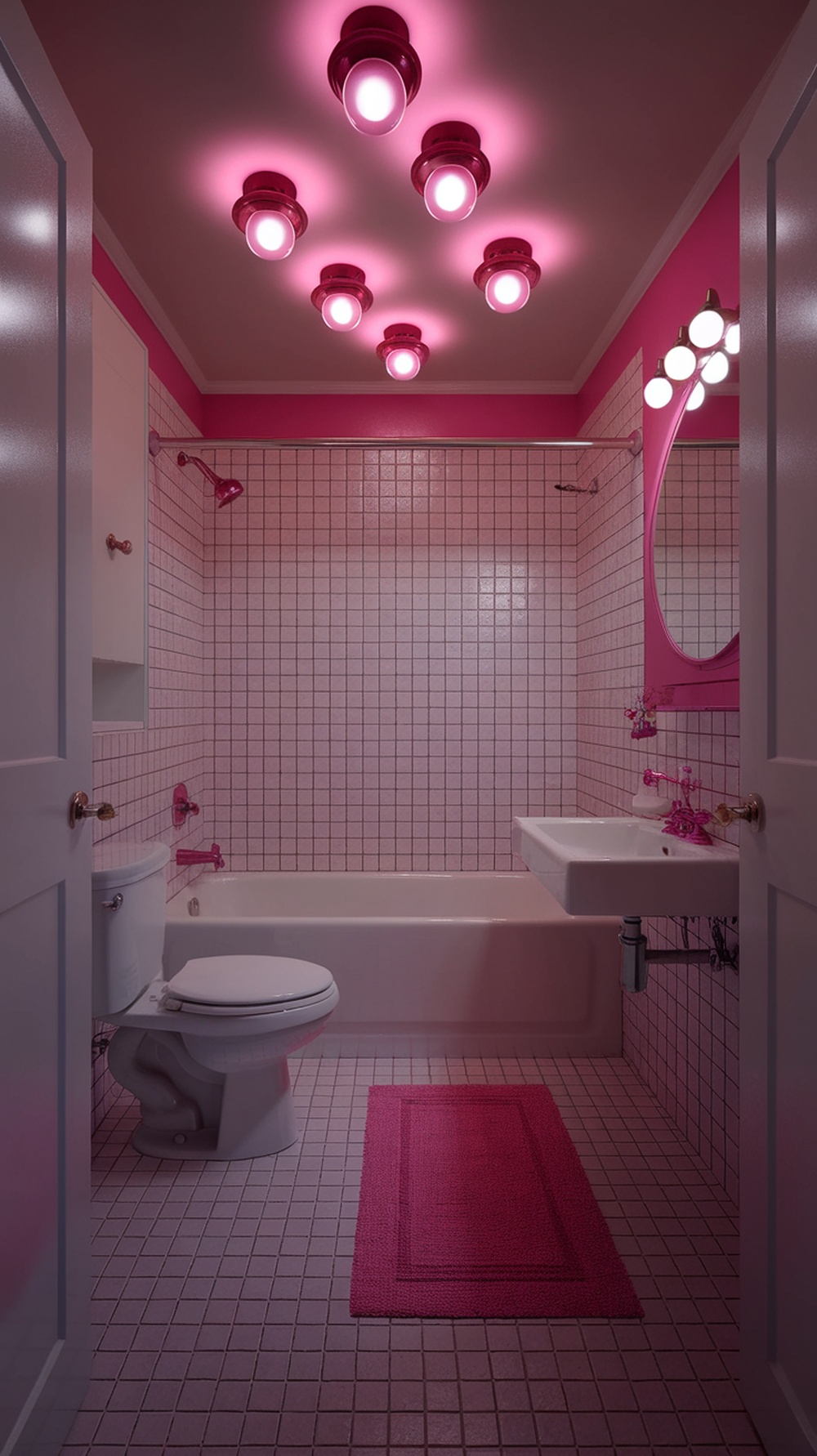 A pink bathroom featuring pink lighting, tiles, and decor elements.