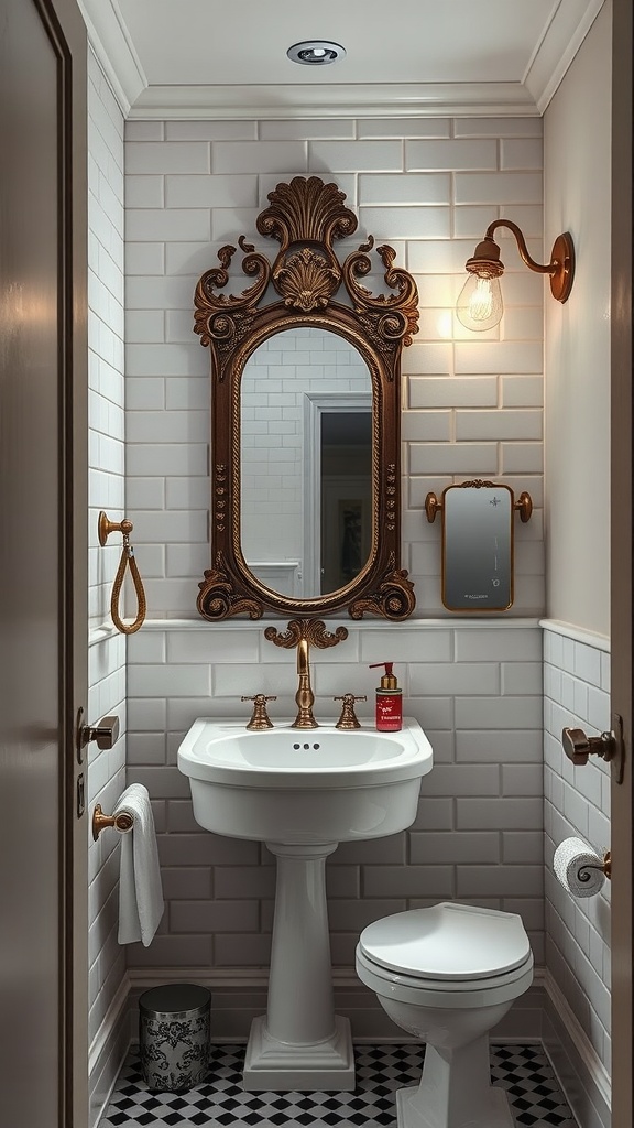 A modern bathroom featuring vintage accents with an ornate mirror, white subway tiles, and gold fixtures.