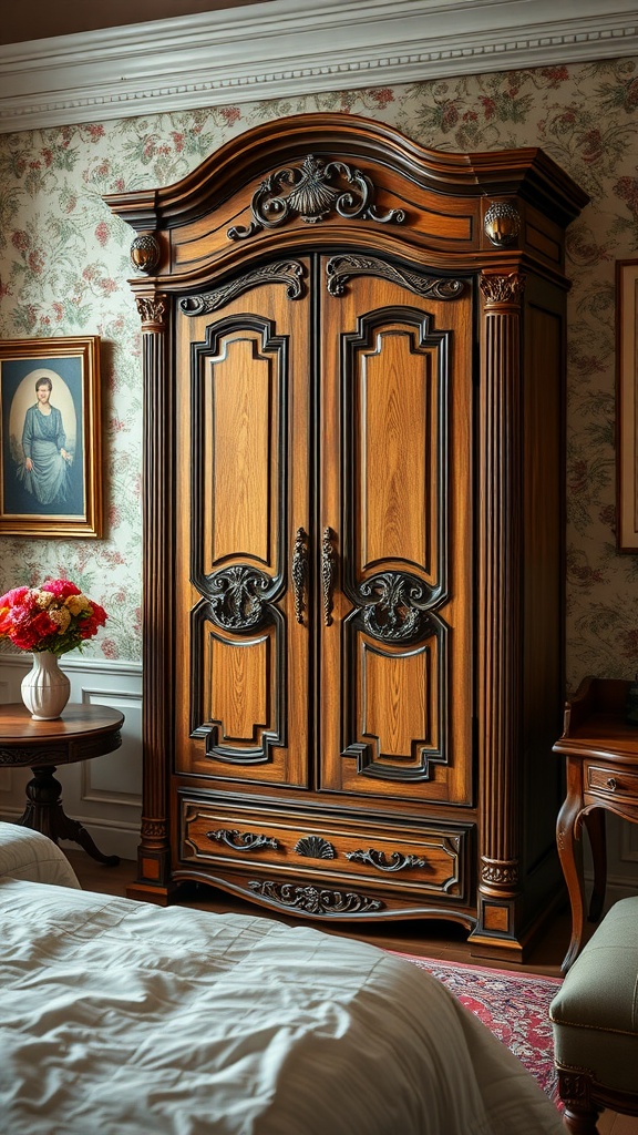 A vintage wooden wardrobe with intricate carvings, placed in a cozy bedroom setting.