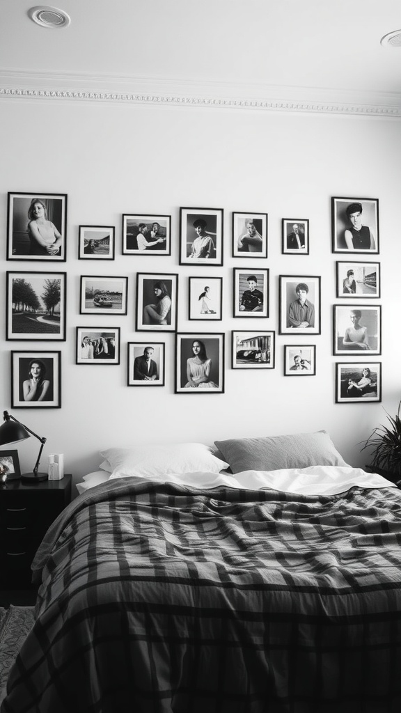 Cozy bedroom with a bed, plaid blanket, and a wall of vintage black and white photographs