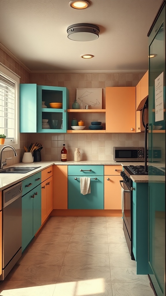 A bright kitchen featuring two-tone cabinets in turquoise and orange, with stylish shelving and modern appliances.
