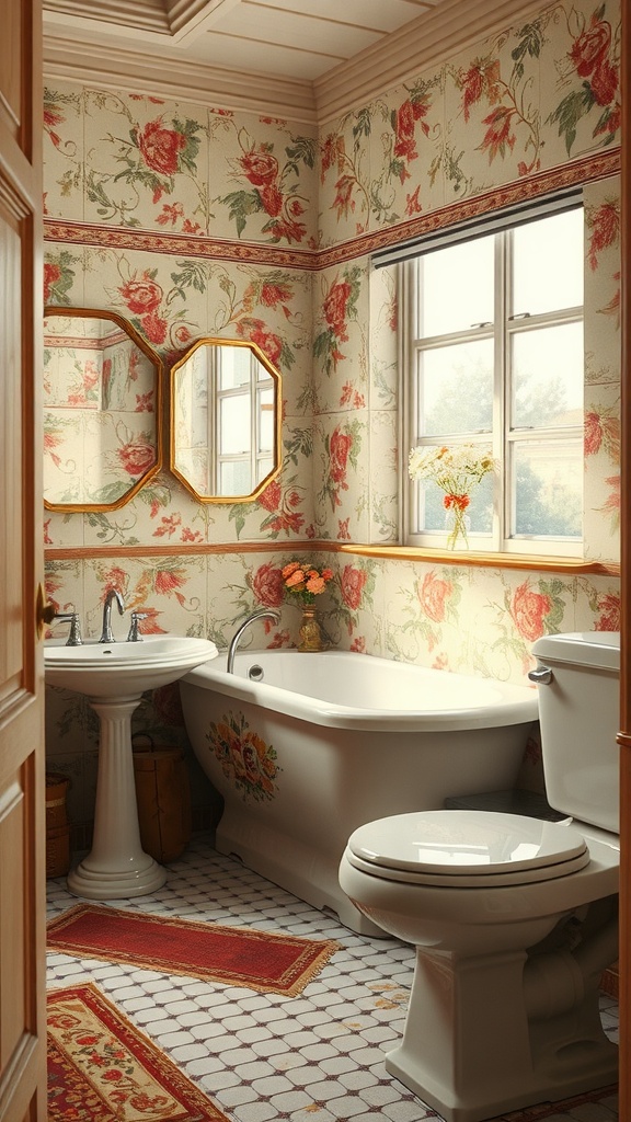 A charming bathroom with vintage floral tiles on the walls and patterned flooring, featuring a classic bathtub and sink.
