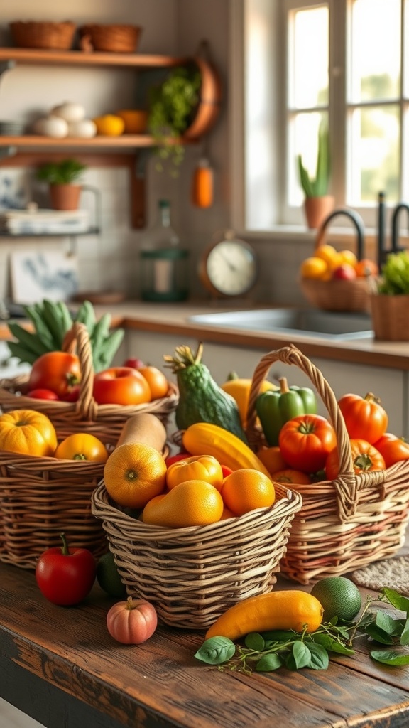 A cozy kitchen scene showcasing vintage fruit and vegetable baskets filled with colorful produce on a wooden table, with vintage wood shelves in the background.