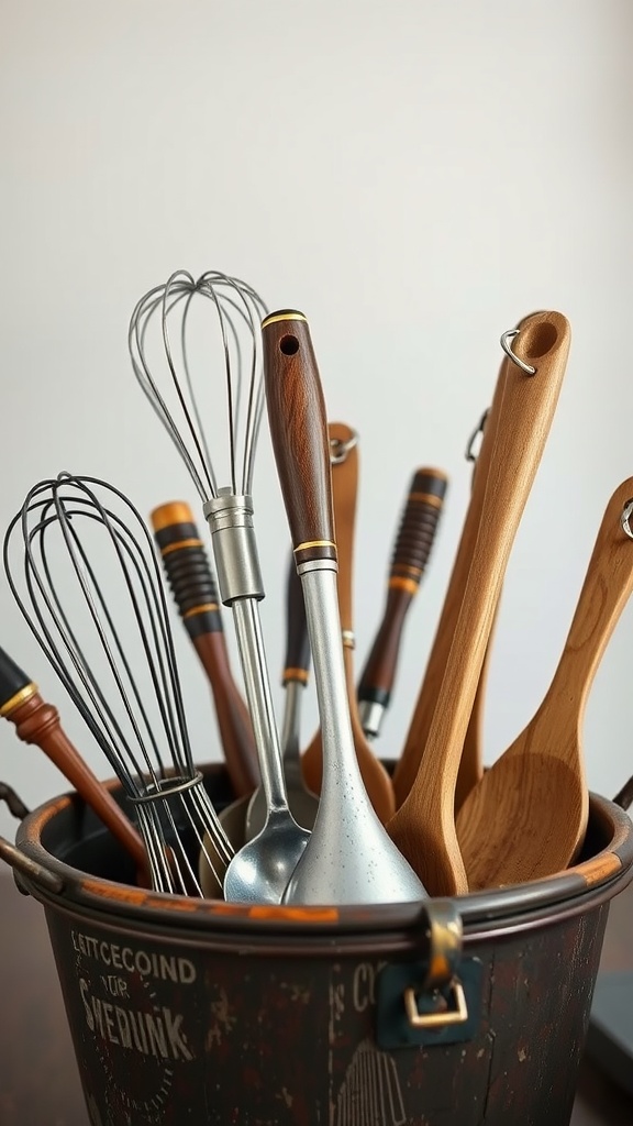 Bucket filled with various vintage kitchen utensils including wooden spoons and a whisk.