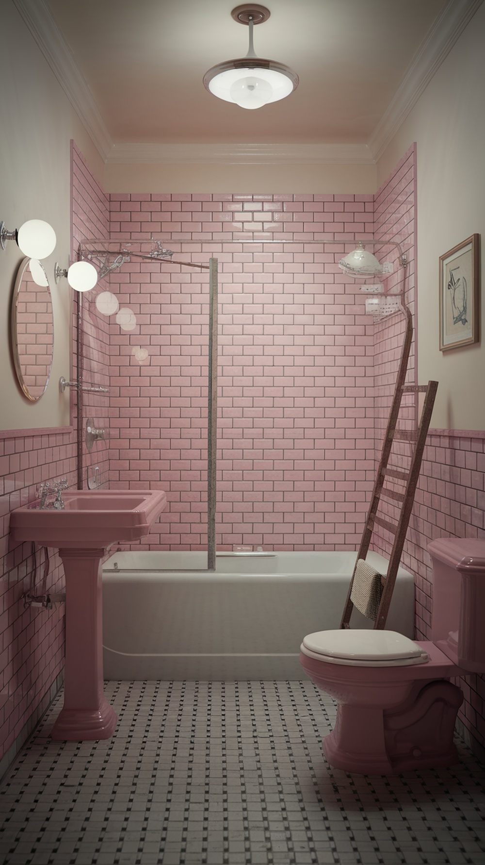 Vintage pink bathroom with tiles and matching fixtures