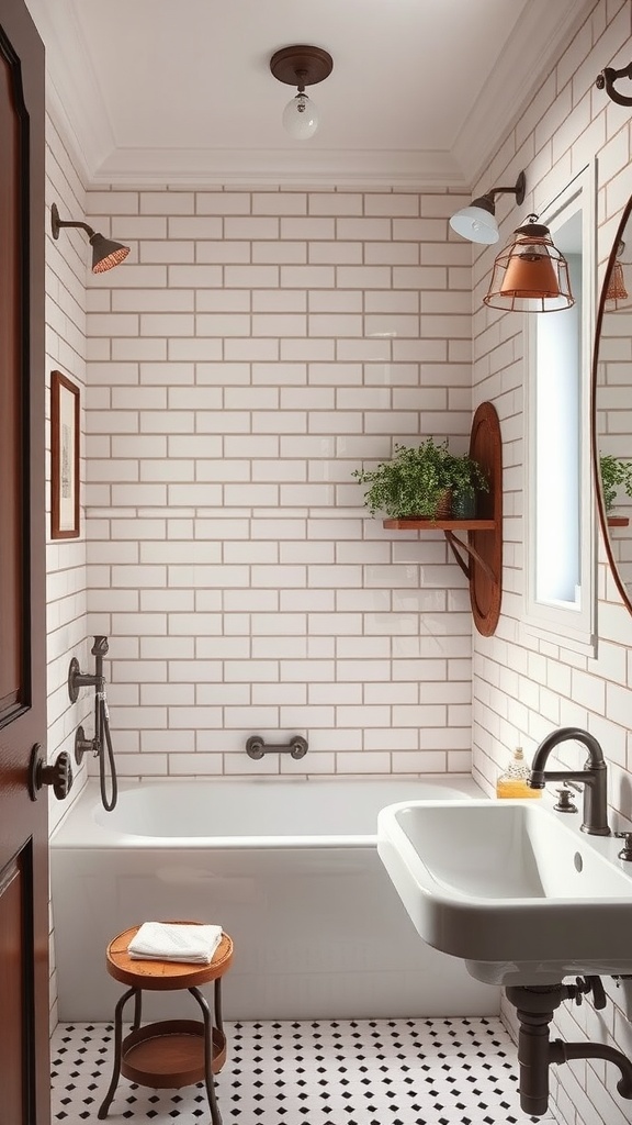 A vintage-style bathroom featuring white subway tiles, a black patterned floor, and rustic wooden accents.