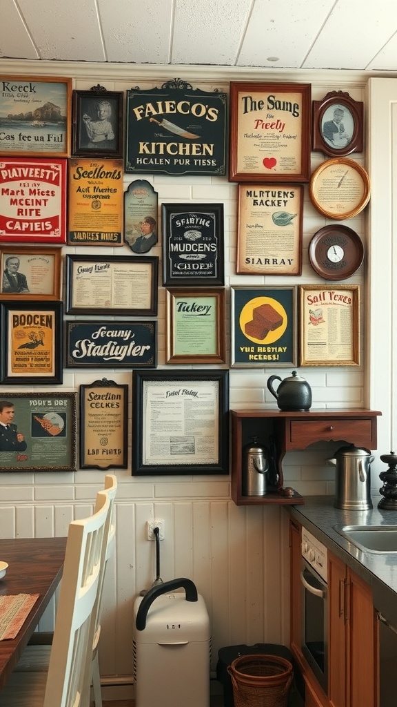 A wall covered with various vintage signs and art, showcasing a charming kitchen decor theme.