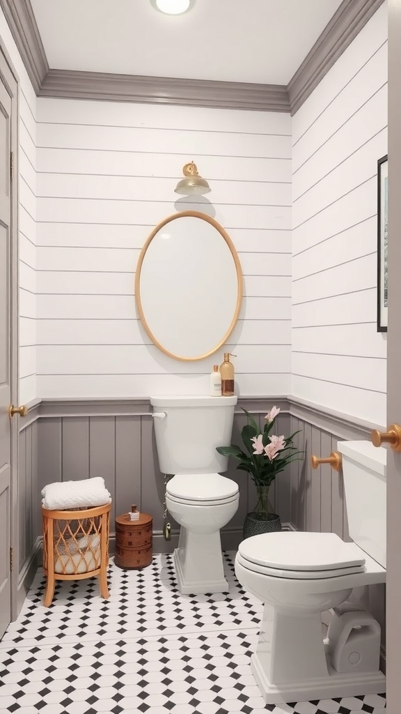 A modern bathroom featuring shiplap wall treatment, a round mirror, and patterned tile flooring.