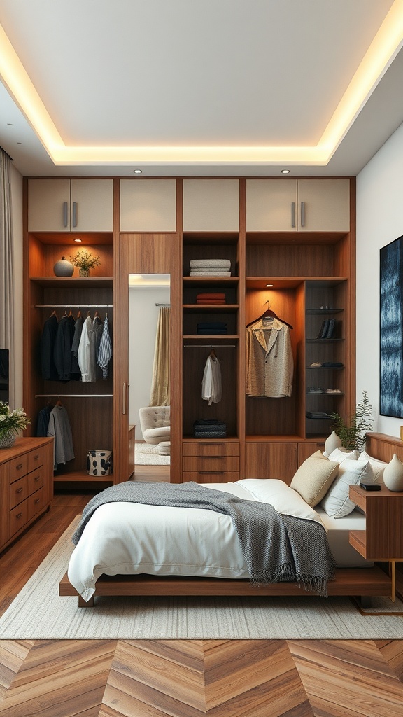 Modern wall wardrobe design in an open concept bedroom with wooden tones and organized space