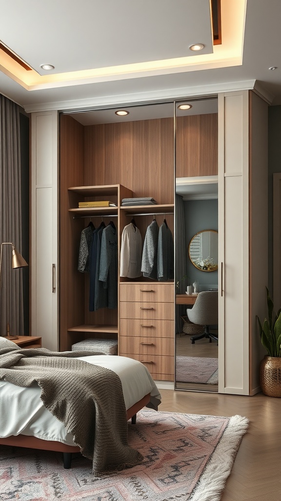 A contemporary wardrobe design in a bedroom featuring wood tones and mirrored doors.