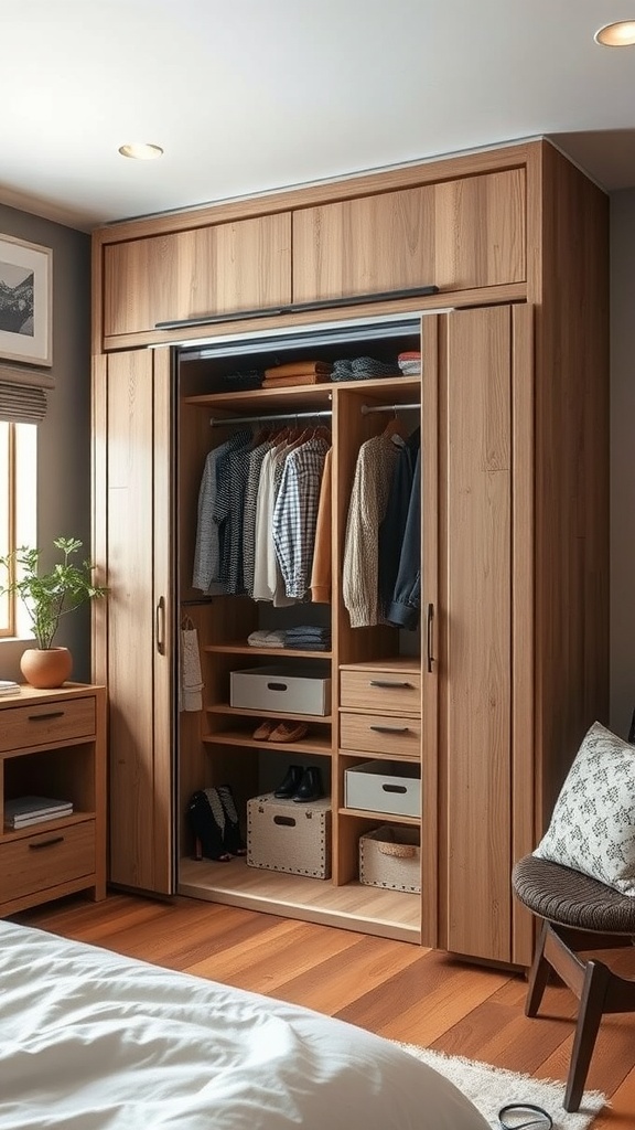 A modern wall wardrobe in a small bedroom, featuring wood laminate, sliding doors, and organized interior storage.