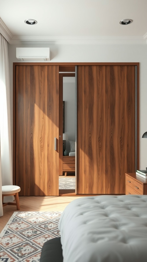 A sliding wardrobe door design in a modern bedroom, featuring wood laminate and a minimalist aesthetic.