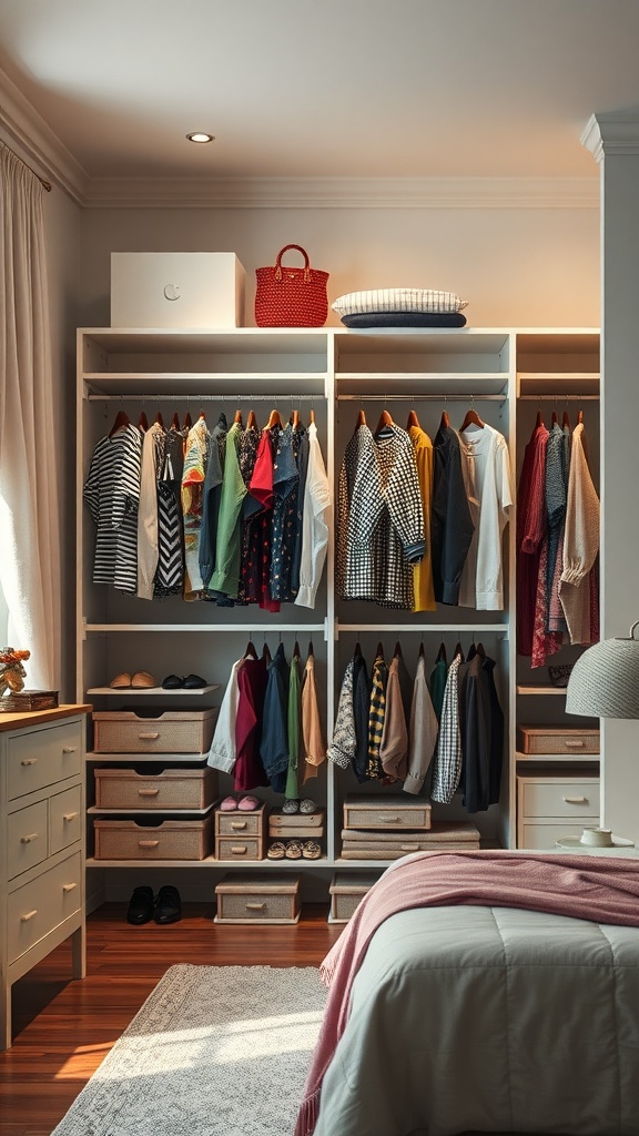 A well-organized bedroom wardrobe with clothes neatly hung and folded, featuring a mix of shelves and drawers.