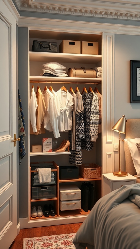 A well-organized wall wardrobe with a variety of clothing and storage boxes, illustrating modern wardrobe design.