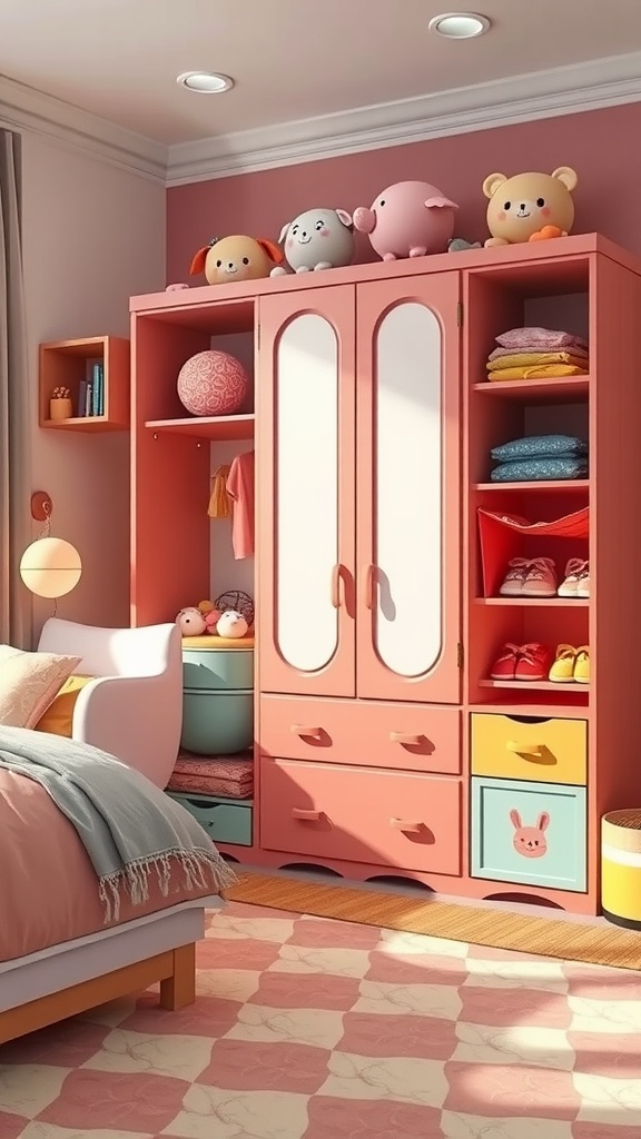 A colorful kids' wardrobe with playful designs, showcasing toys and clothes.