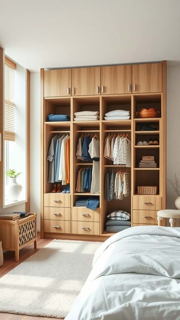 A stylish wooden wall wardrobe in a shared bedroom featuring organized storage for clothes and accessories.