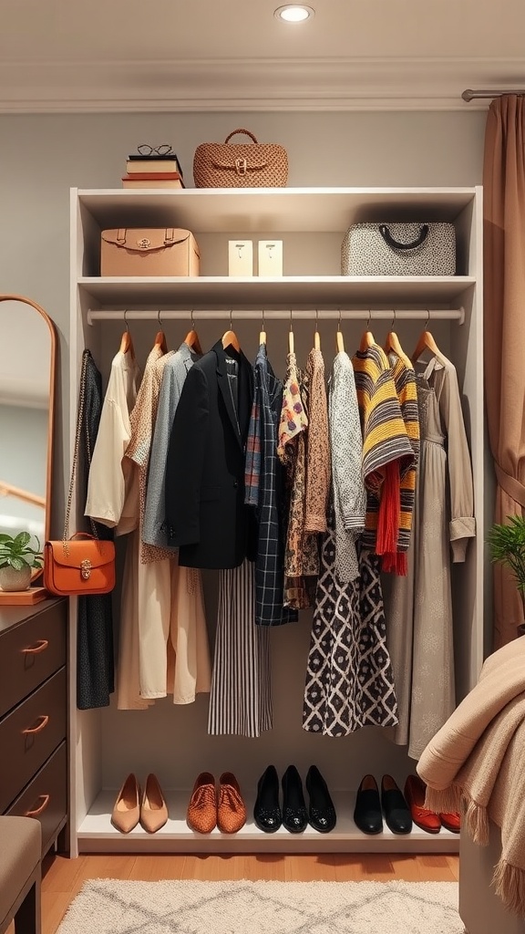 A well-organized wall wardrobe design showcasing a variety of clothing and accessories.