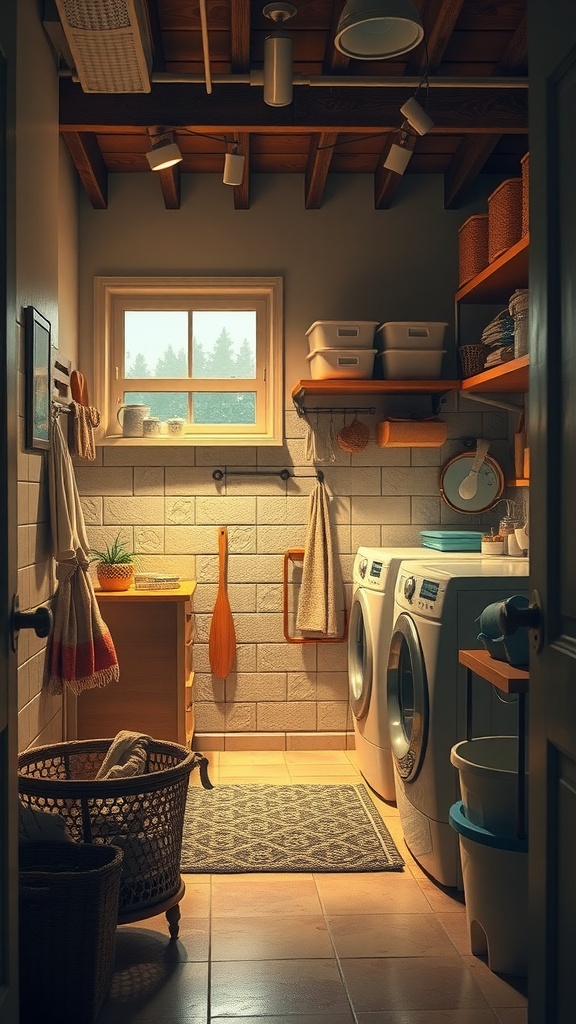 A warm and inviting laundry room with wooden shelves, natural light, modern appliances, and organized storage.