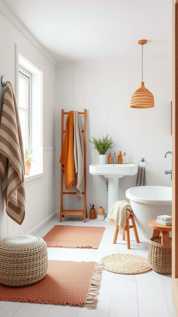 A cozy Scandinavian bathroom featuring warm textile accents with earthy tones.