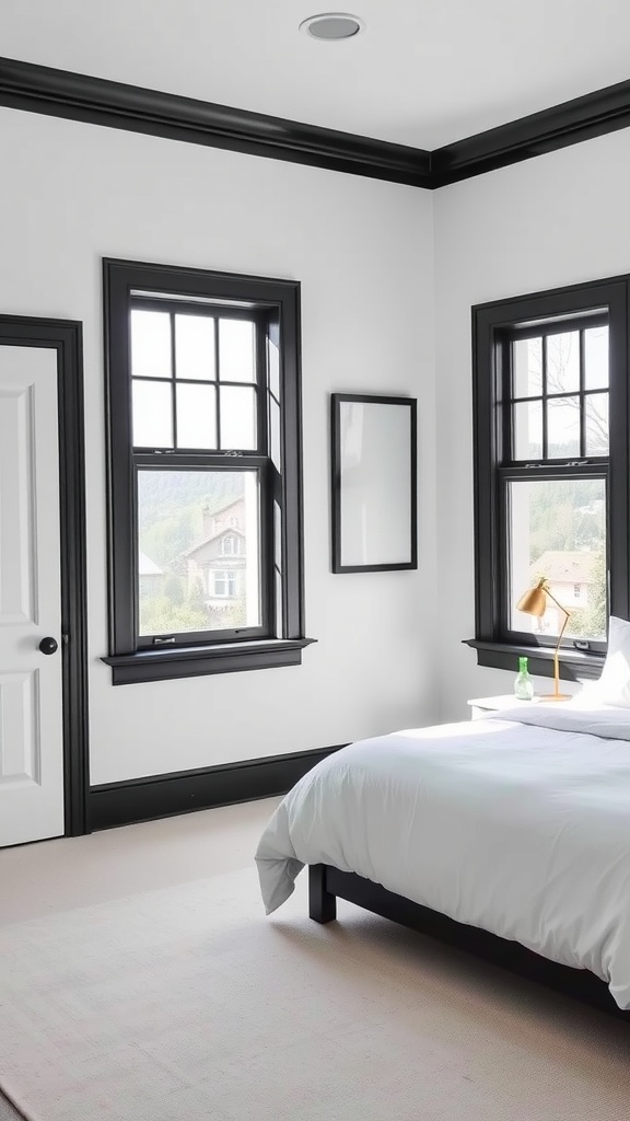 A minimalist bedroom with white walls and black trim, featuring large windows, simple decor, and a cozy bed.