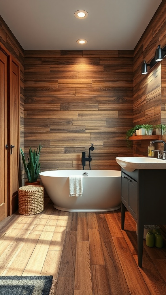 A stylish bathroom featuring wood-look tiles, a freestanding tub, and modern fixtures.