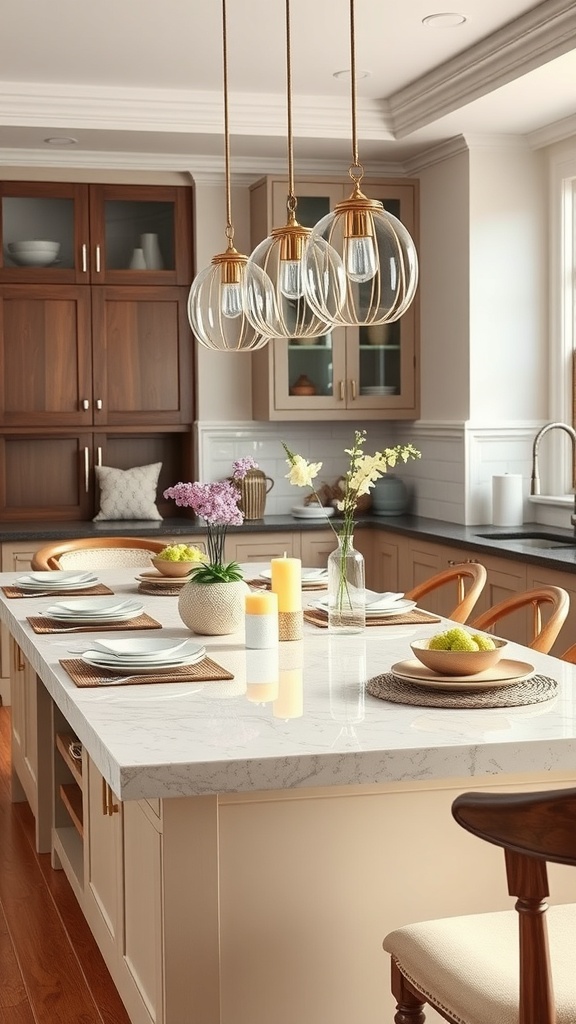 A stylish kitchen island dining table with a marble top, set with plates, a vase of flowers, and candles.