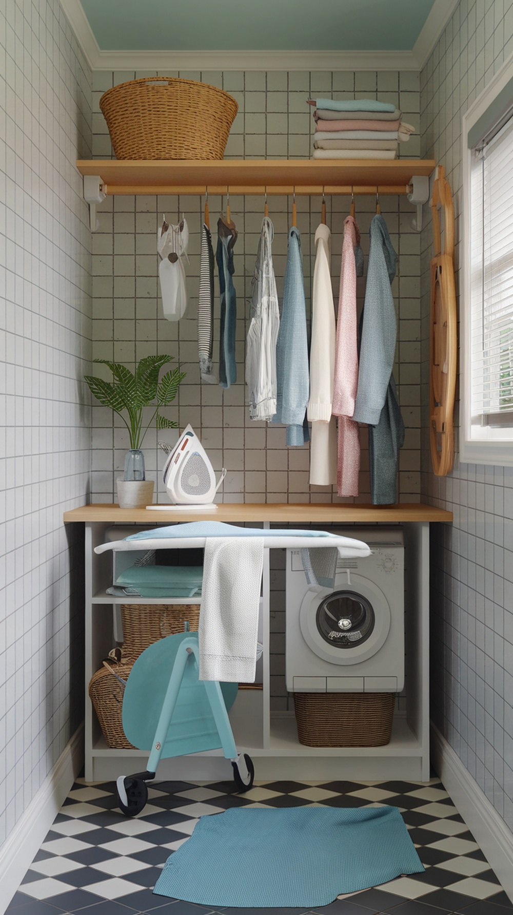 A small ironing station in a narrow laundry room with an ironing board, a plant, and neatly organized shelves.