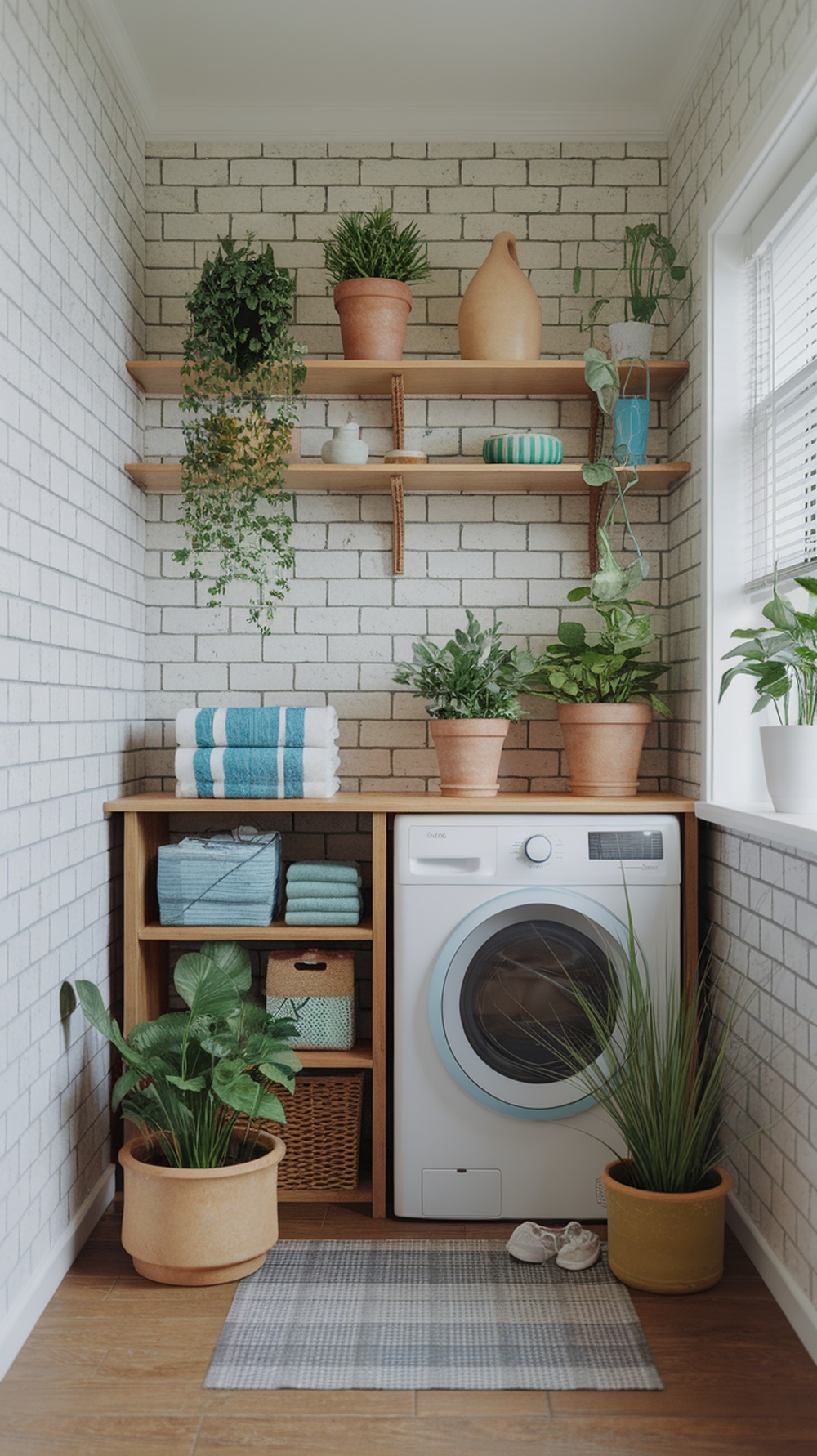 A small laundry room featuring plants on shelves, a washing machine, and neatly stacked towels.