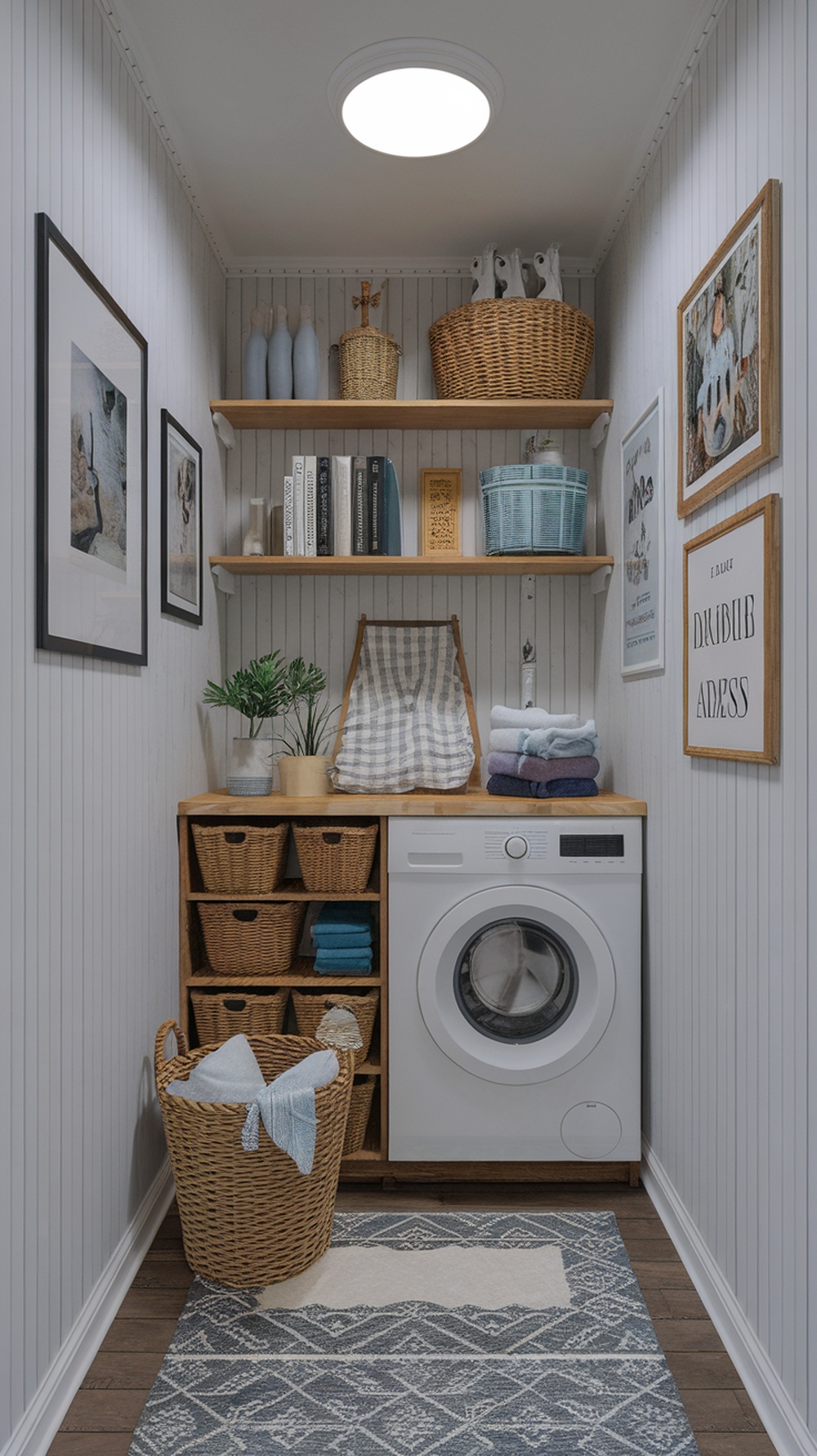 A cozy tiny laundry room with shelves, artwork, and organized storage.