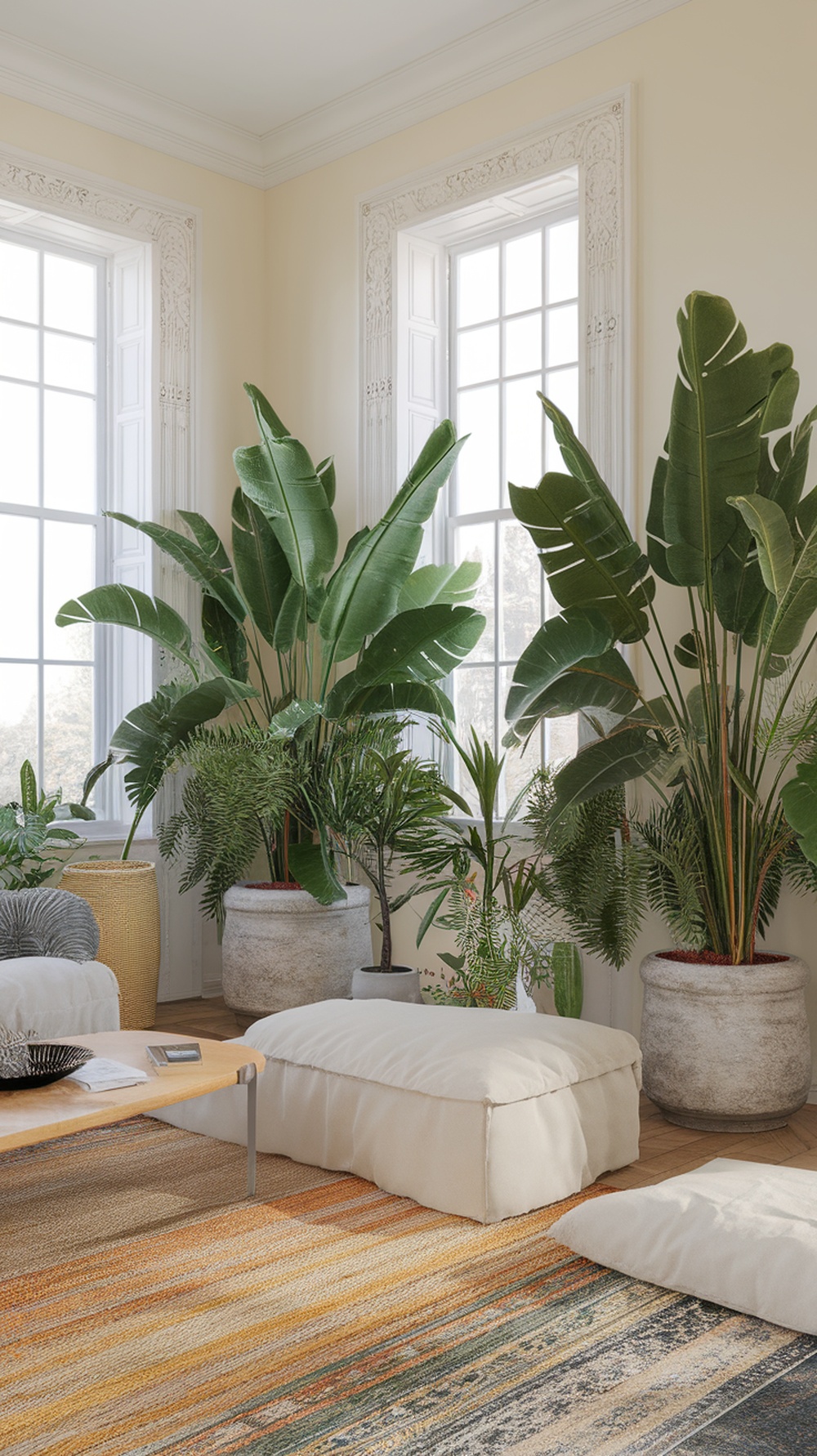 A cozy living room corner with various plants creating a natural division.