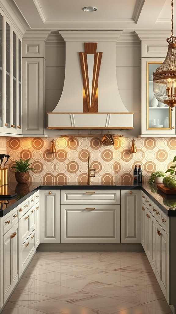 Art Deco inspired kitchen with circular patterned backsplash and elegant fixtures.