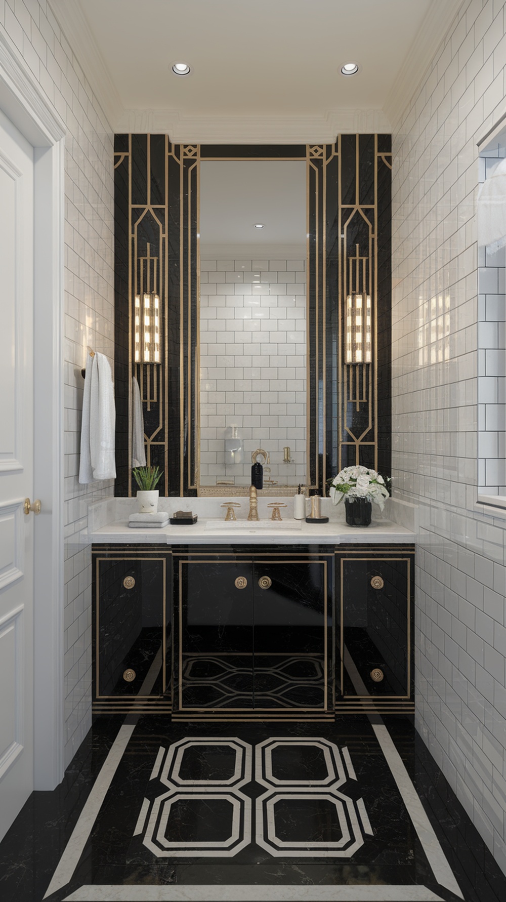 Art Deco inspired black and white bathroom with geometric patterns and elegant lighting.