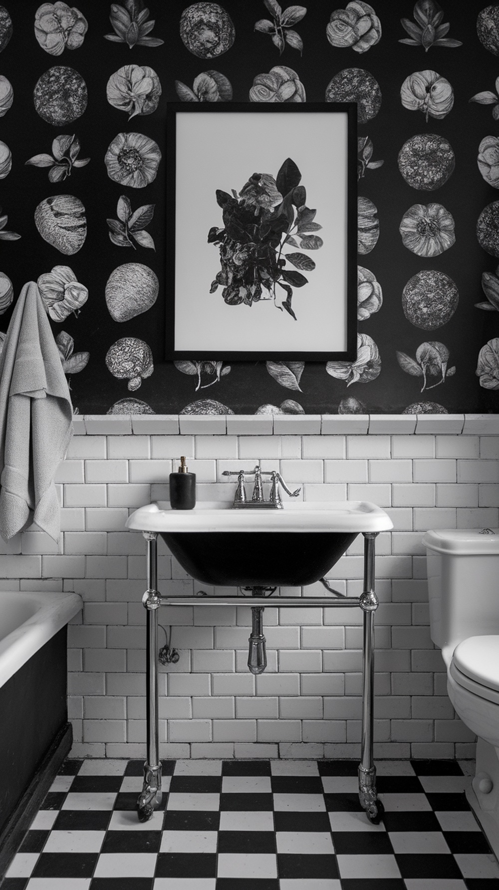 A stylish black and white bathroom featuring artistic wallpaper, a black sink, and checkered flooring.