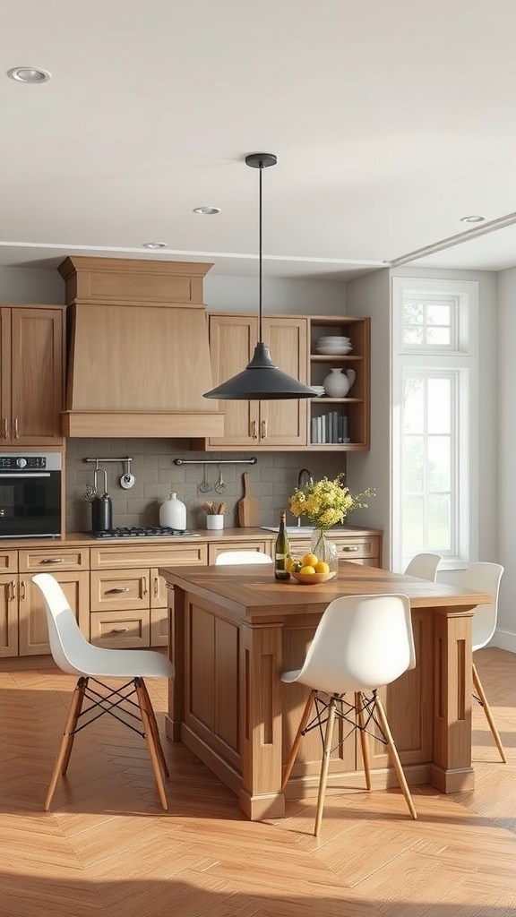 A modern kitchen featuring a wooden island dining table with white chairs and a stylish pendant light.